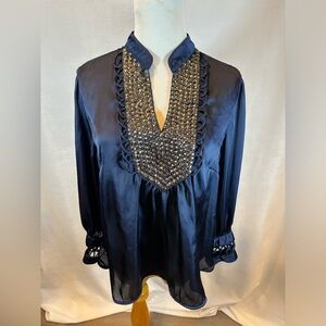 Akira Chicago Black Label Satin sequins Blouse Womens Size L Navy Blue